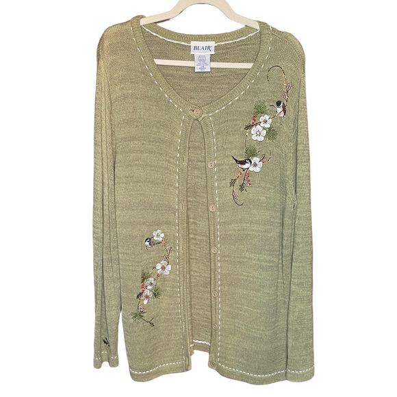 Blair Sweaters - Vintage Blair Olive Embroidered Cardigan Grandmacore Holiday Birds Size Large
